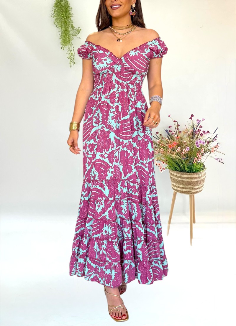 Vestido Lena aguamarina y borgoña