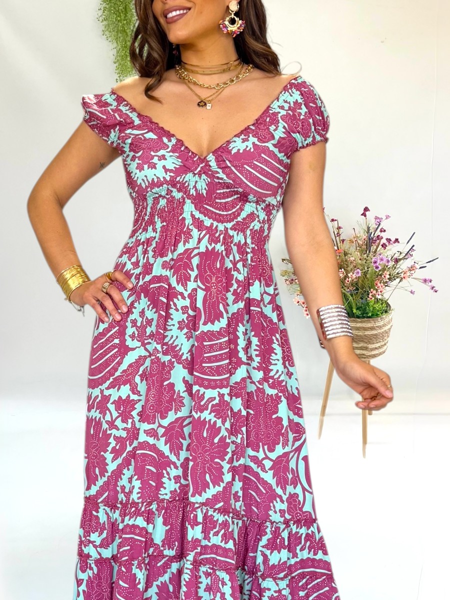 Vestido Lena aguamarina y borgoña