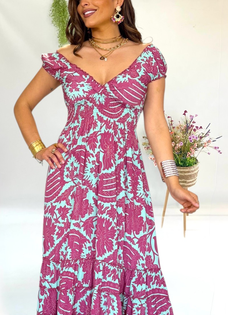 Vestido Lena aguamarina y borgoña