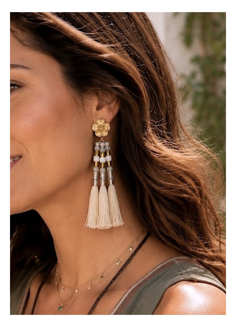 Pendientes flecos beige