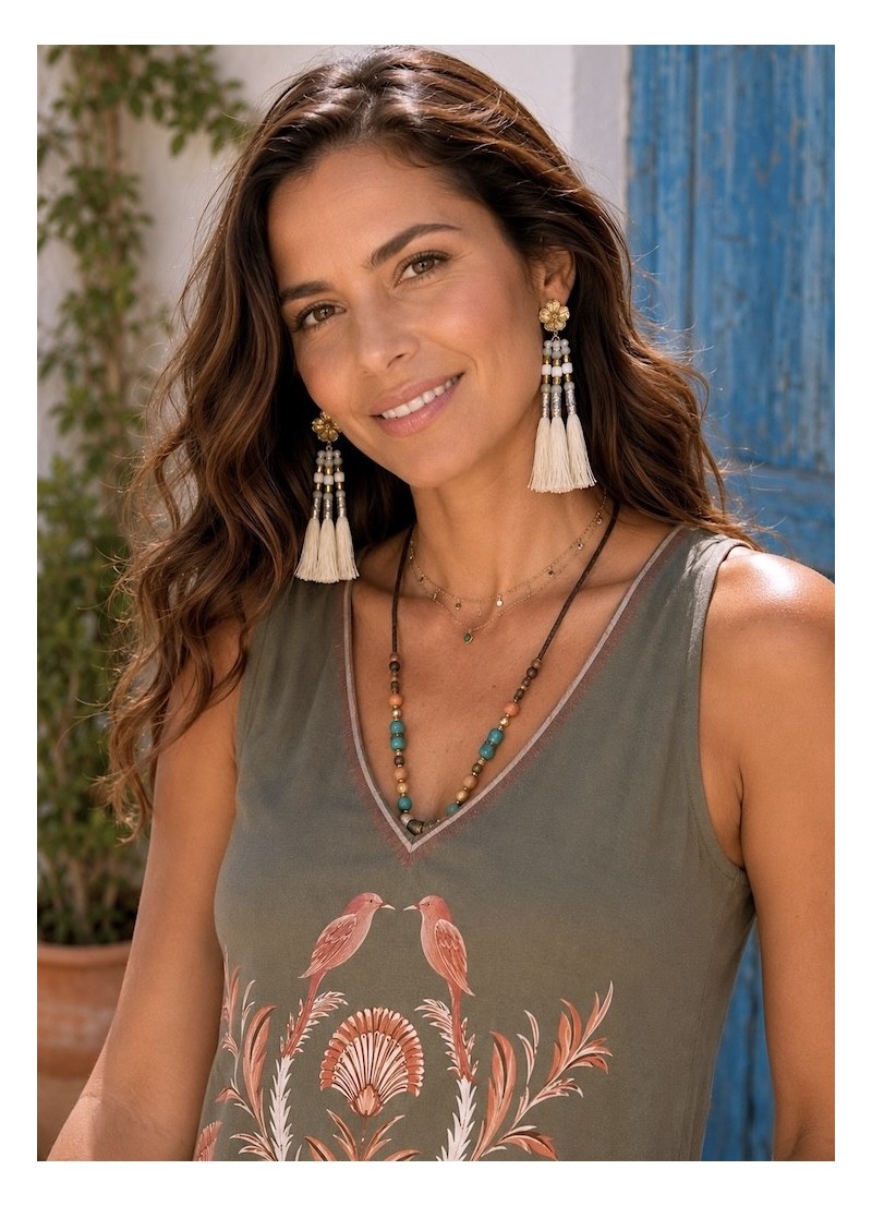 Pendientes flecos beige