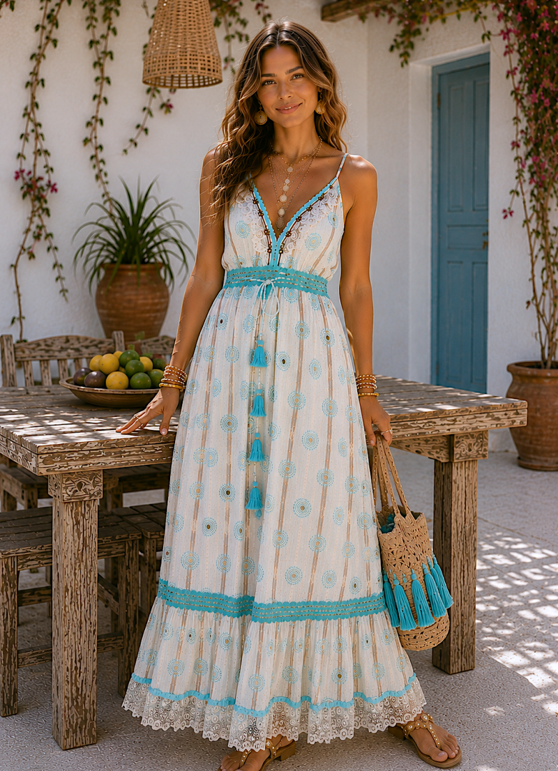 Vestido Sabela bordados aguamarina