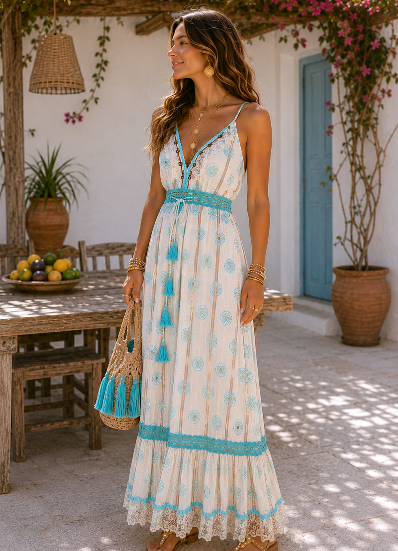 Vestido Sabela bordados aguamarina