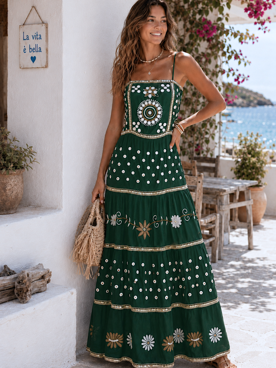 Vestido Ane verde bordado y lentenjuelas