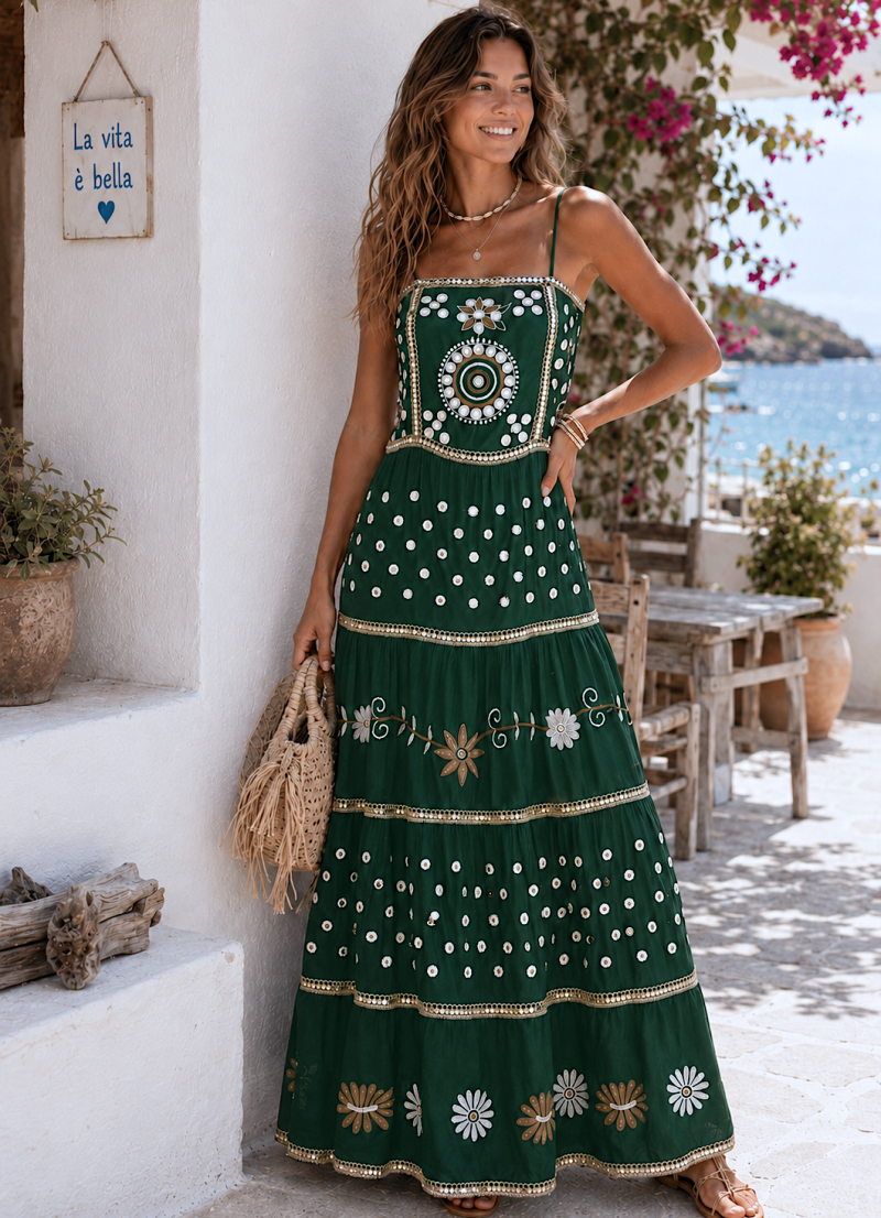 Vestido Ane verde bordado y lentenjuelas
