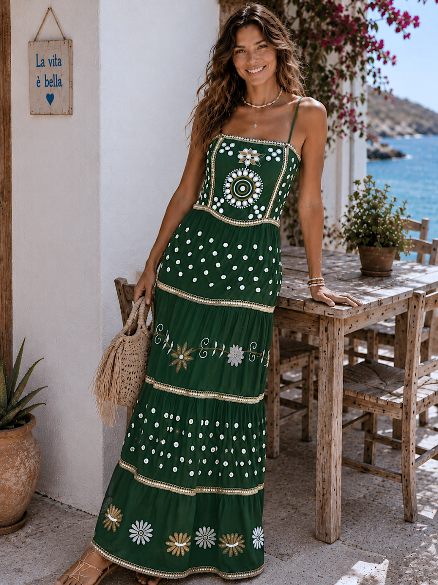 Vestido Ane verde bordado y lentenjuelas