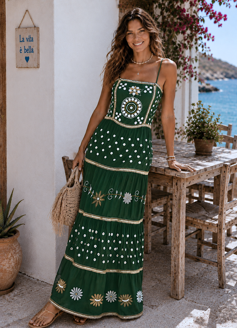 Vestido Ane verde bordado y lentenjuelas