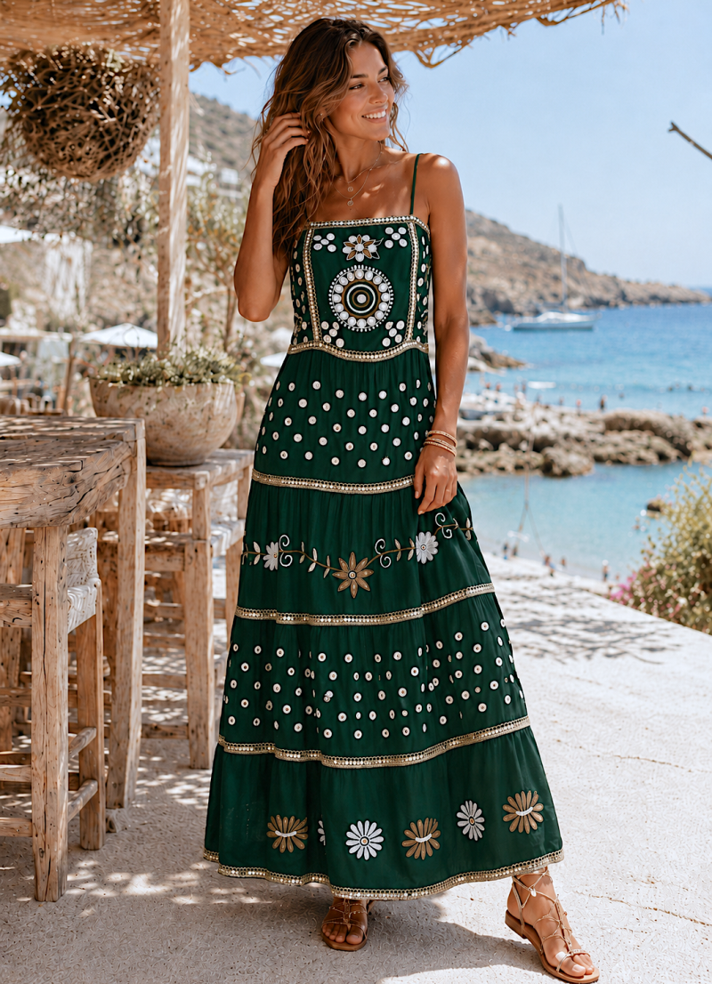 Vestido Ane verde bordado y lentenjuelas