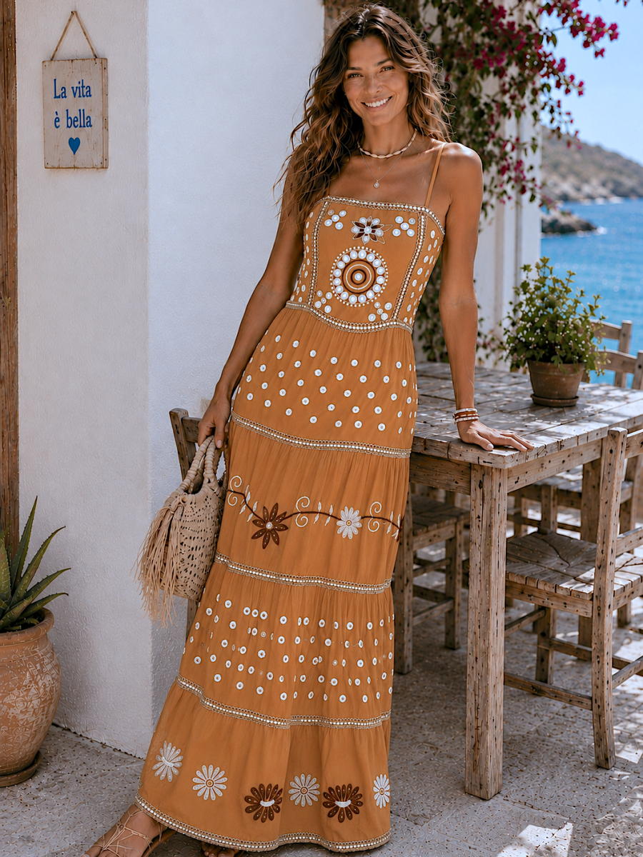 Vestido Ane caramelo bordado y lentenjuelas