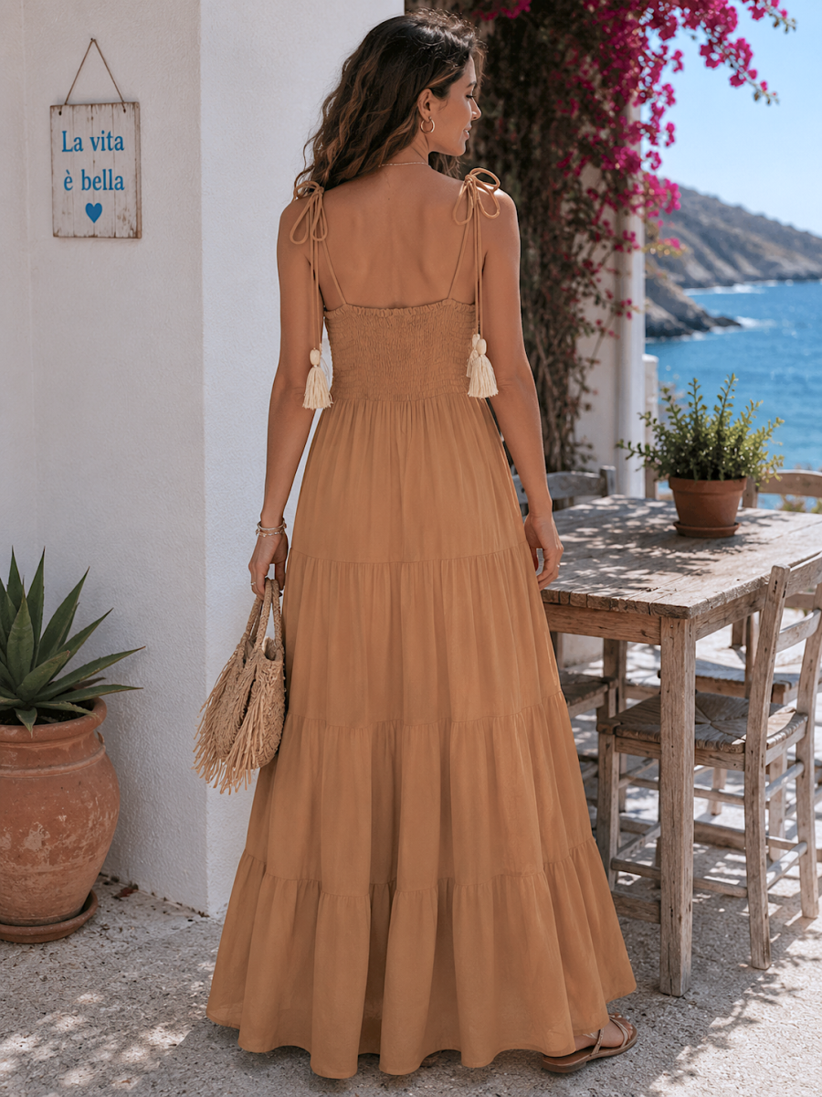 Vestido Ane caramelo bordado y lentenjuelas