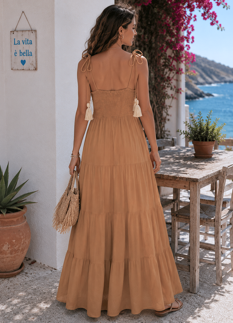 Vestido Ane caramelo bordado y lentenjuelas