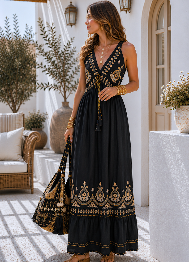 Vestido Muyal bordados camel