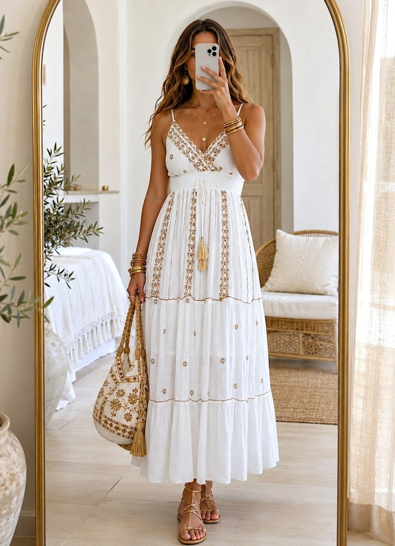 Vestido Amaya bordados camel