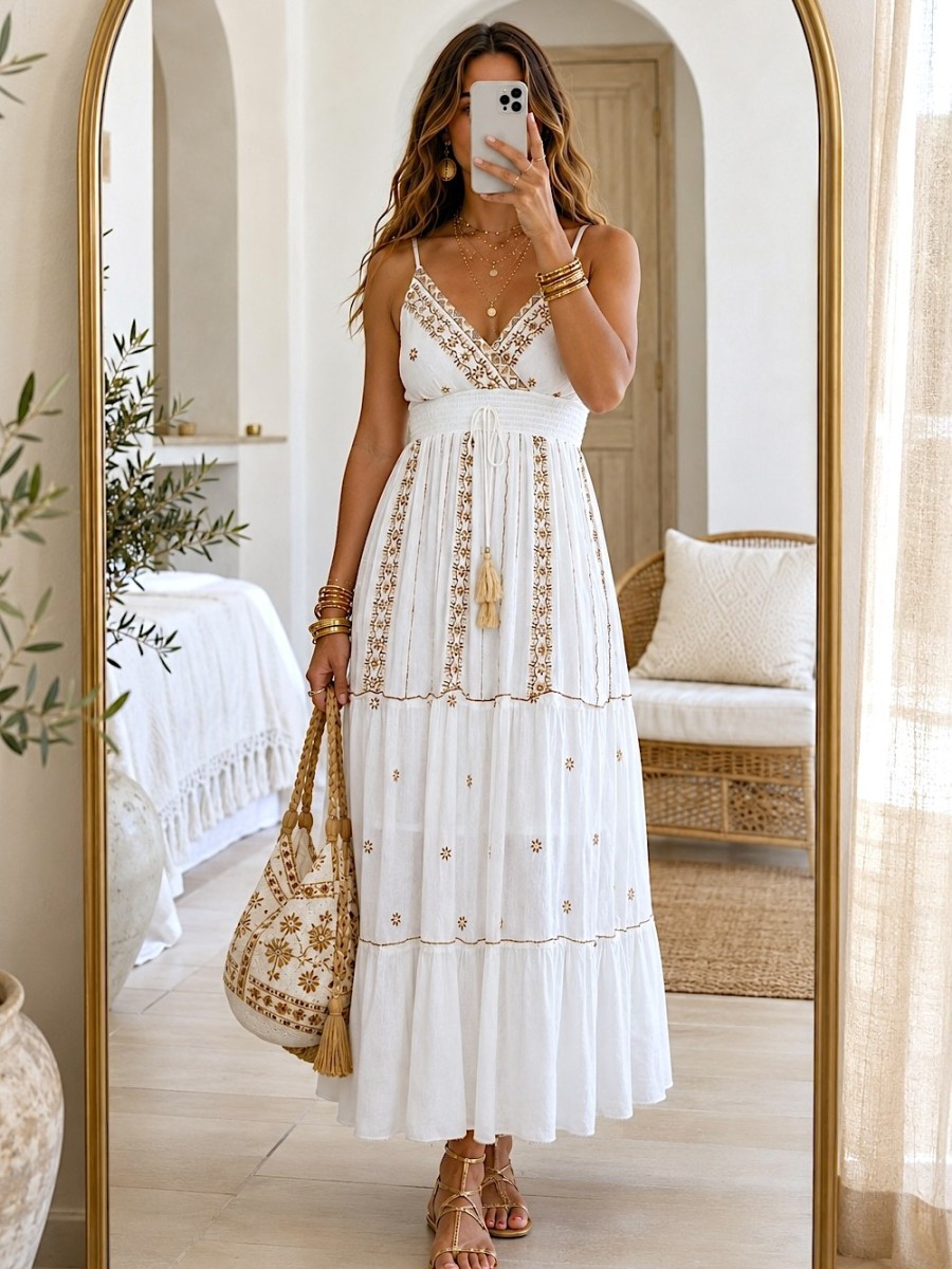 Vestido Amaya bordados camel