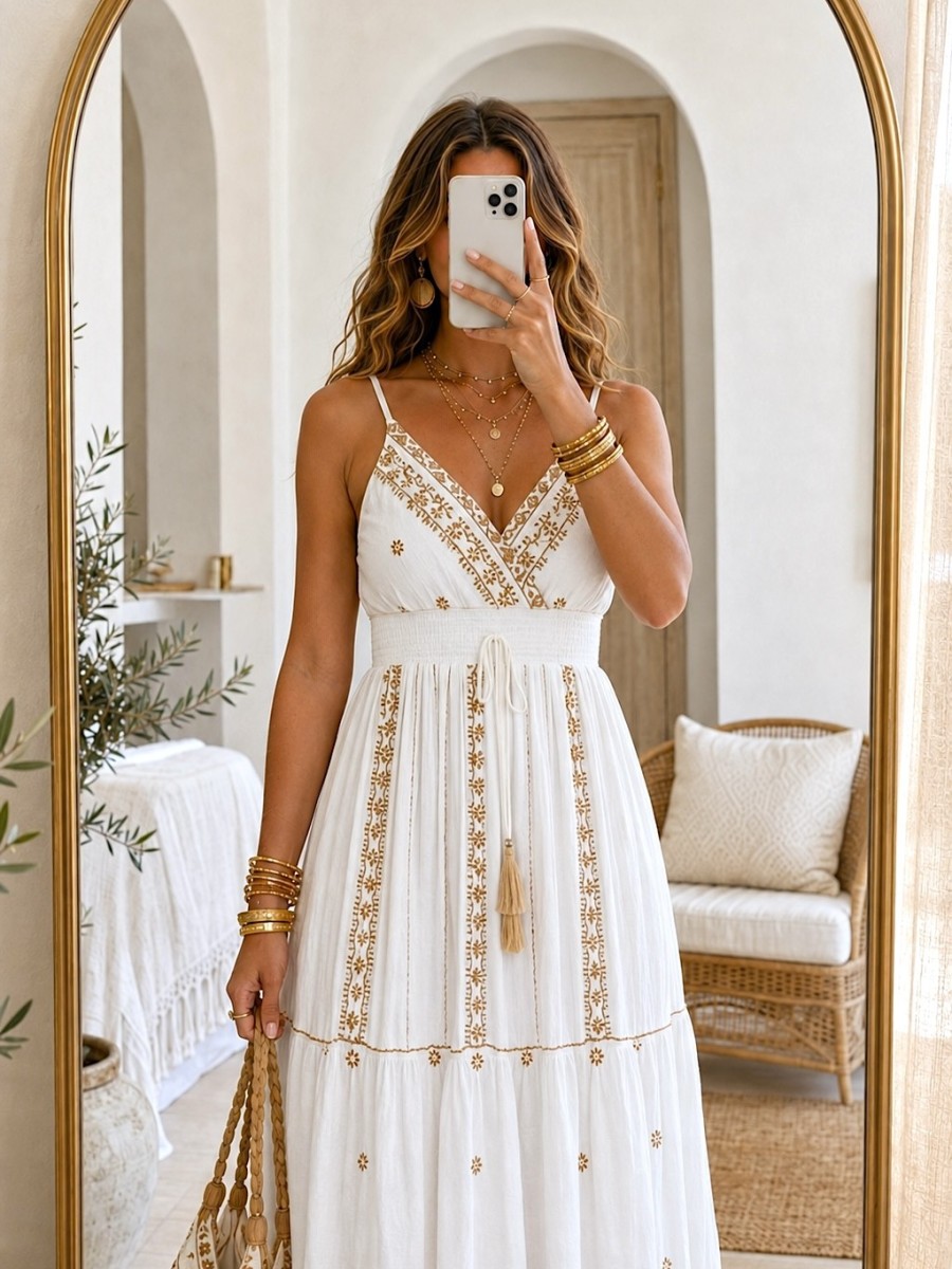 Vestido Amaya bordados camel