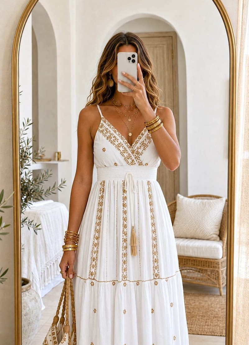 Vestido Amaya bordados camel