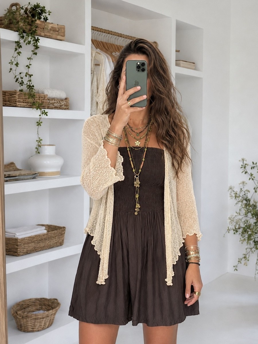 Chaqueta de punto calado beige