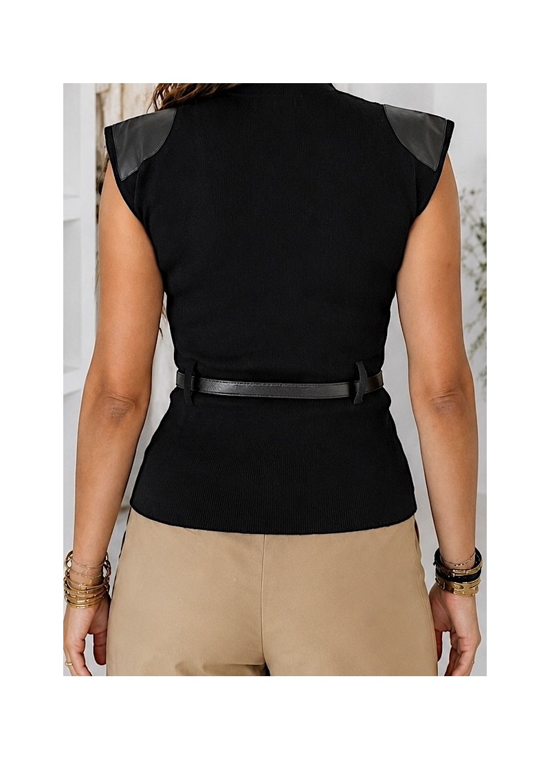 Top de punto hombros polipiel negro