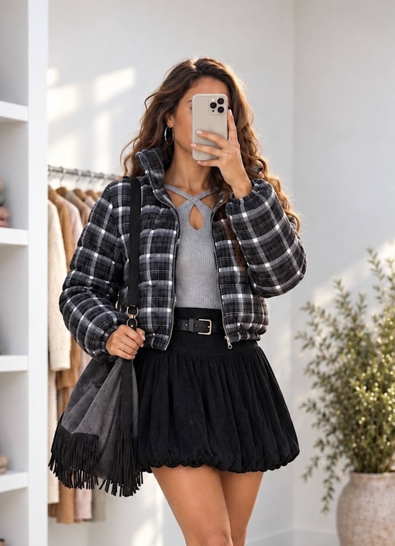 Chaqueta acolchada Plaid blanca y negra